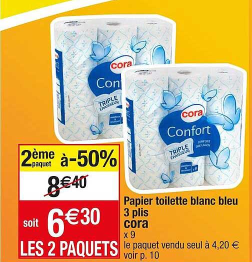 papier toilette blanc bleu 3 plis cora