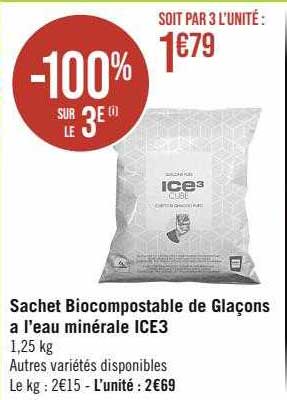 sachet bio compostable de glaçons à l'eau minérale ice3