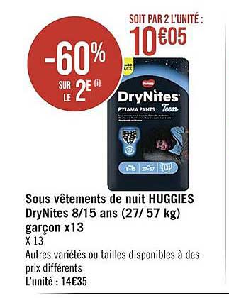 sous vêtements de nuit huggies drynites 8-15 ans garçon x 13