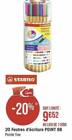 20 feutres d'écriture point 88 stabilo