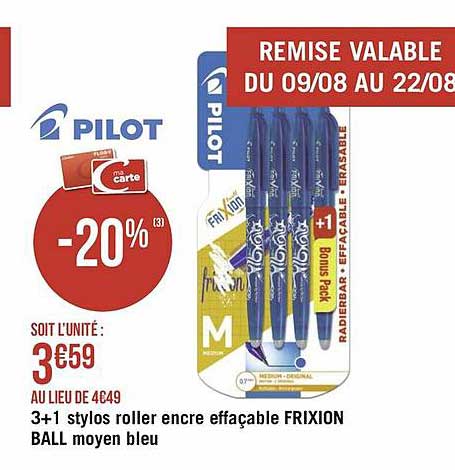 3+1 Stylos Roller Encre Effaçable Frixion Ball Moyen Bleu
