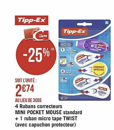 4 rubans correcteurs mini pocket mouse standard + 1 ruban micro tape twist (avec capuchon protecteur)