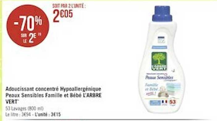 adoucissant concentré hypoallergénique peaux sensibles famille et bébé l'arbre vert