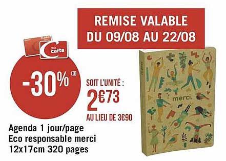 Agenda 1 Jour - Page Eco Responsable Merci 12 X 17 Cm 320 Pages