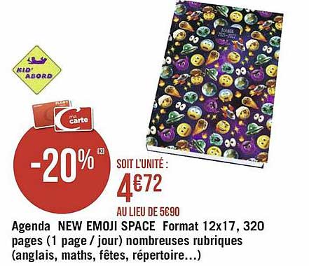 agenda new emoji space format 12 x 17, 320 pages (1 page - jour) nombreuses rubriques (anglais, maths, fêtes, répertoire....)