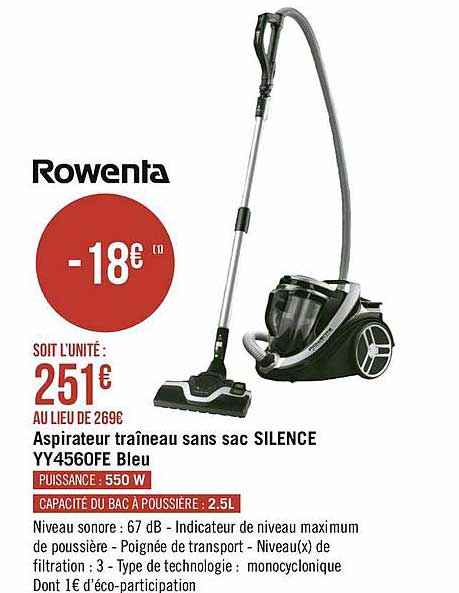 Aspirateur Traîneau Sans Sac Silence Yy4560fe Bleu Rowenta