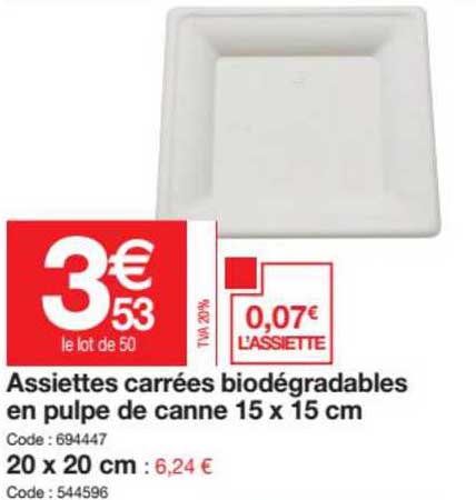Assiettes Carrées Biodégradables En Pulpe De Canne 15 X 15 Cm
