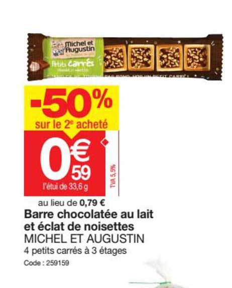 barre chocolatée au lait et éclat de noisettes michel et augustin