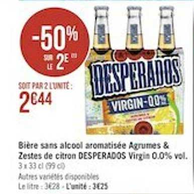 bière sans alcool aromatisée agrumes & zestes de citron desperados virgin 0.0% vol.