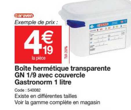 boîte hermétique transparente gn 1-9 avec couvercle gastronorm 1 litre