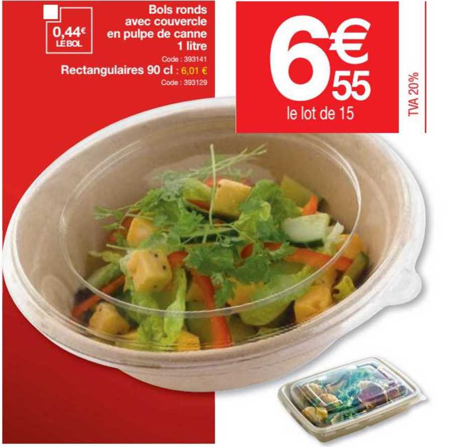 bols ronds avec couvercle en pulpe de canne 1 litre