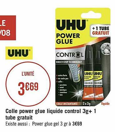 colle power glue liquide control 3g + 1 tube gratuit uhu