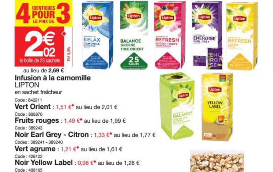 infusion à la camomille lipton, vert orient, fruits rouges, noir earl grey-citron, vert agrume, noir yellow label