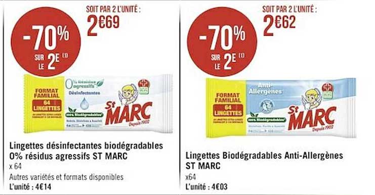 lingettes désinfectantes biodégradables 0% résidus agressifs st marc, lingettes biodégradables anti-allergènes st marc