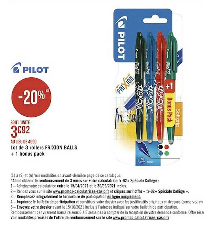 lot de 3 rollers frixion balls + 1 bonus pack pilot