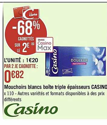 mouchoirs blanc boîte triple épaisseurs casino