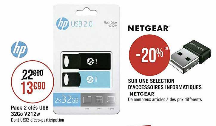 pack 2 clés usb 32 go v212w hp, sélection d'accessoires informatiques netgear