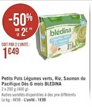 petits pots légumes verts, riz, saumon du pacifique dès 6 mois bledina