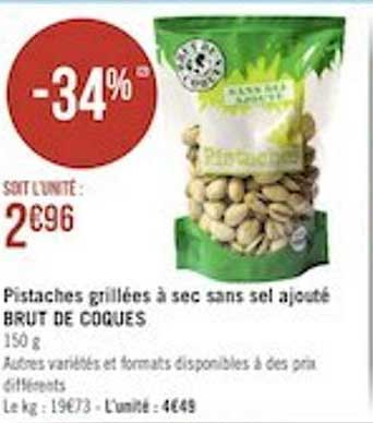 pistaches grillées à sec sans sel ajouté brut de coques