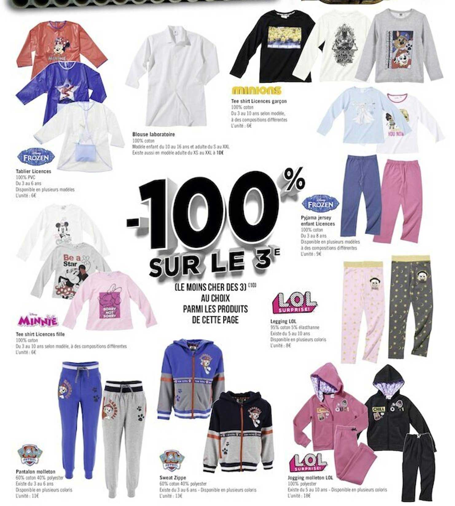 tablier licences, blouse laboratoire, tee-shirt licences garçon, tee-shirt licences fille, pantalon molleton, sweat zippe, jogging molleton lol, legging lol