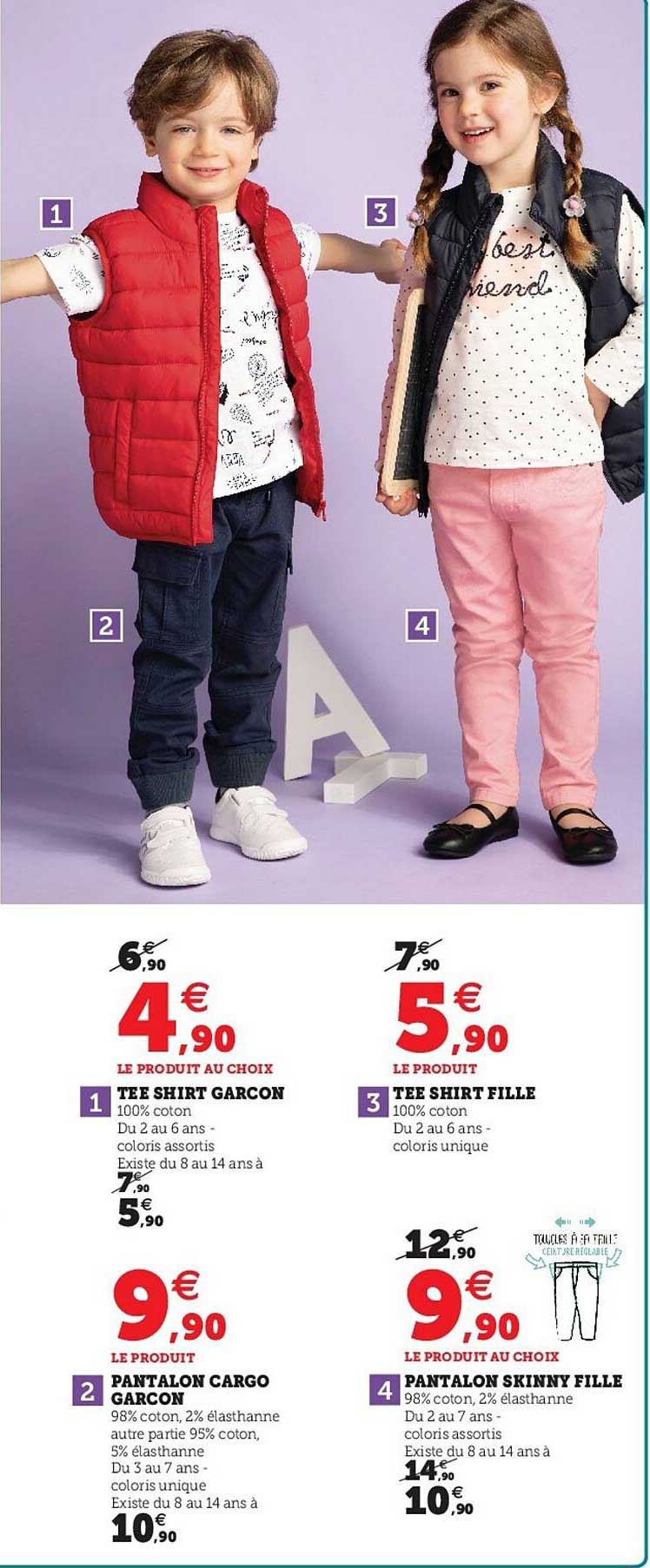 tee-shirt garçon, tee-shirt fille, pantalon cargo garçon, pantalon skinny fille