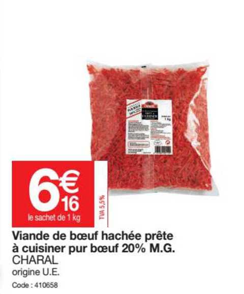 viande de bœuf hachée prête à cuisiner pur bœuf 20% m.g. charal