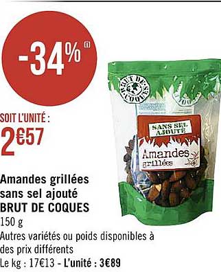 amandes grillées sans sel ajouté brut de coques