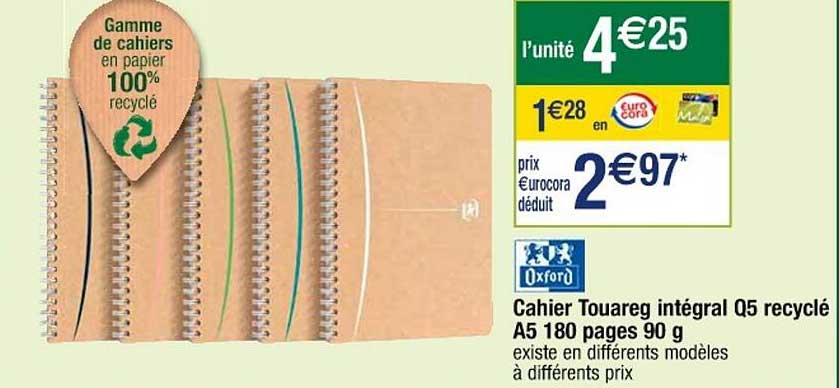 cahier touareg intégral q5 recyclé a5 180 pages 90 g oxford