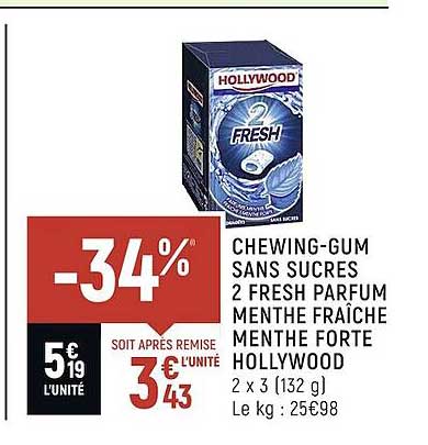 chewing-gum sans sucres 2 fresh parfum menthe fraîche menthe forte hollywood