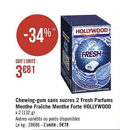 chewing-gum sans sucres 2 fresh parfums menthe fraîche menthe forte hollywood