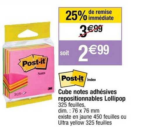 cube notes adhésives repositionnable lollipop post.it