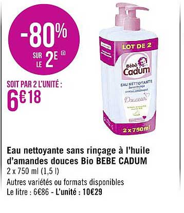 eau nettoyante sans rinçage à l'huile d'amandes douces bio bébé cadum