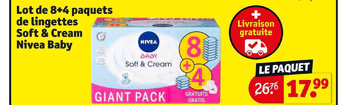 lot de 8+4 paquets de lingettes soft & cream nivea baby