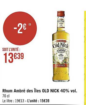 rhum ambré des îles old nick 40% vol.