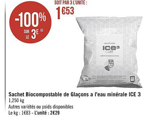 sachet biocompostable de glaçons à l'eau minérale ice 3