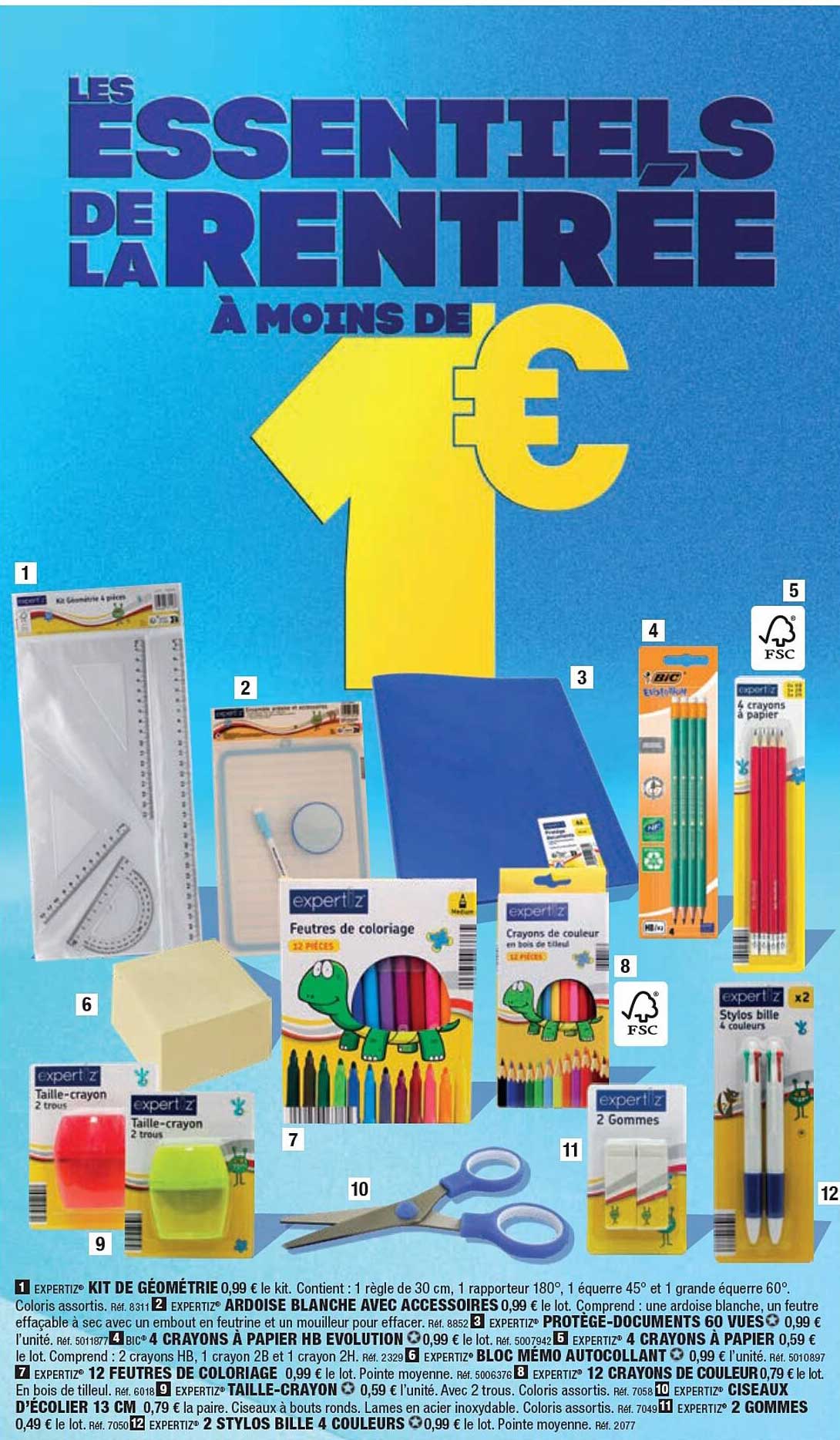 kit de géométrie, ardoise blanche avec accessoires, protège-documents 60 vues, 4 crayons à papier hb évolution, 4 crayons à papier, bloc mémo autocollant, 12 feutres de coloriage
