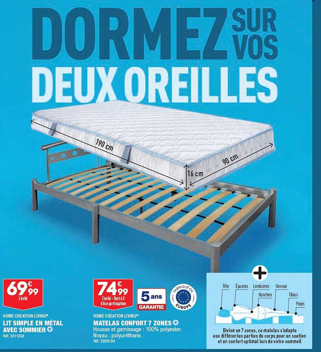 lit simple en métal avec sommier home création living, matelas confort 7 zones home création living
