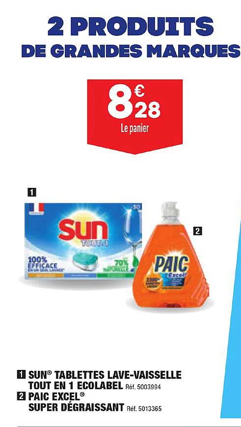 sun tablettes lave-vaisselle tout en 1 ecolabel, paic excel super dégraissant