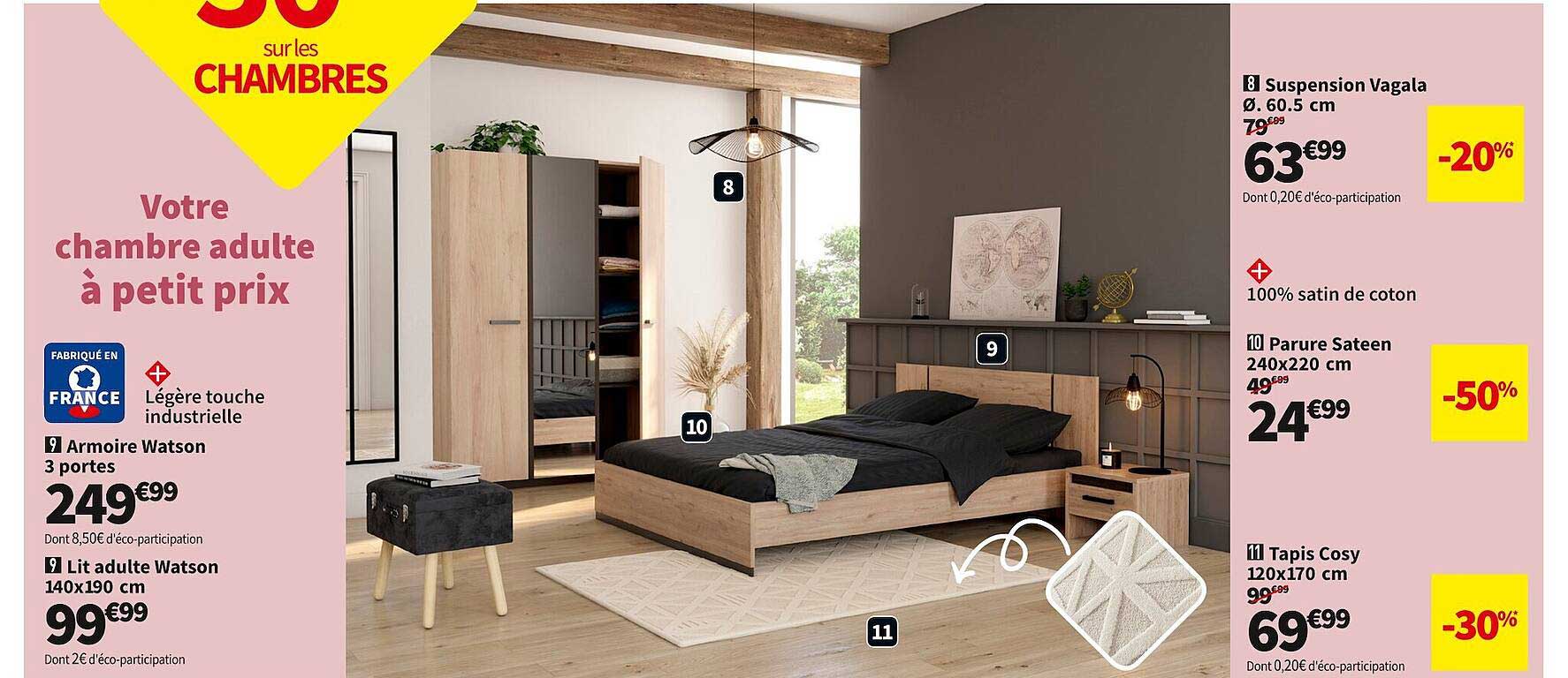 armorie watson 3 portes, lit adulte watson 140 x 190 cm, suspension vagala ø.60.5 cm, parure sateen 240 x 220 cm, tapis cosy 120 x 170 cm