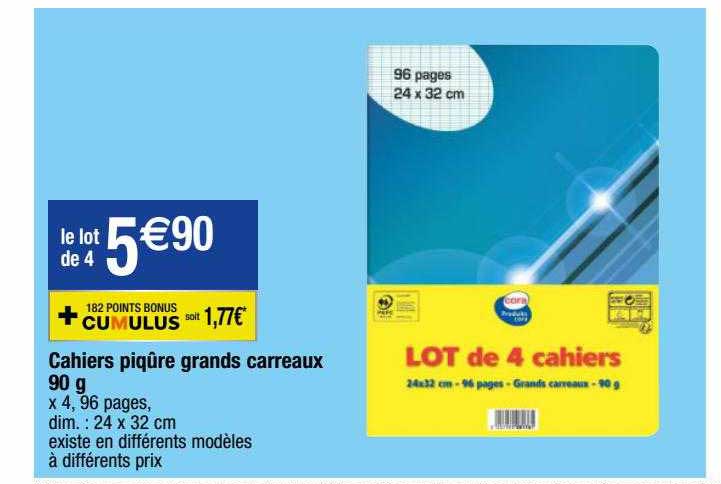 Cahiers Piqûre Grands Carreaux 90 G