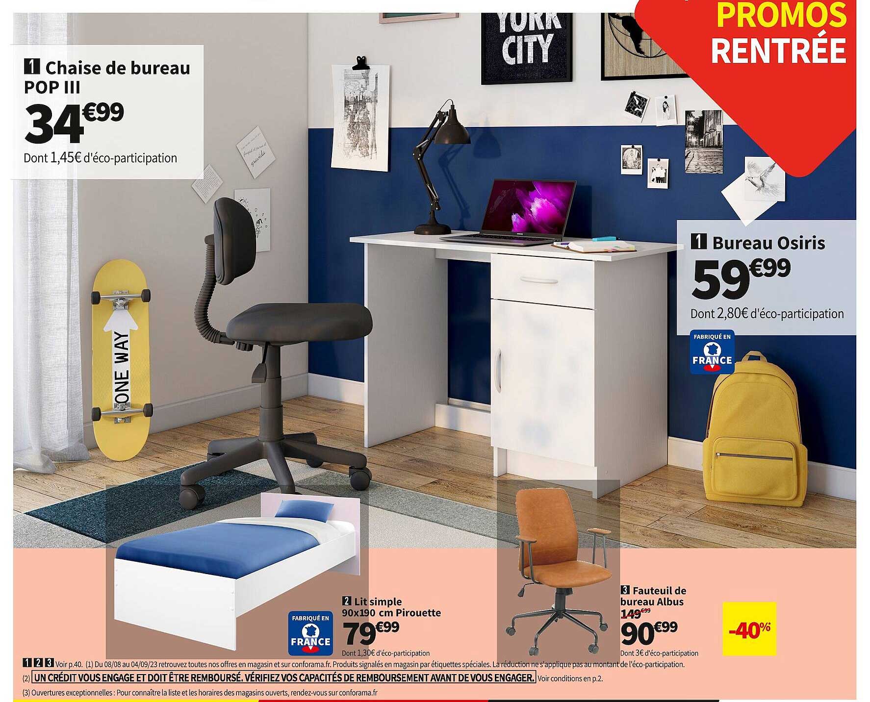 chaise de bureau pop III, bureau osiris, lit simple 90 x 190 cm pirouette, fauteuil de bureau albus