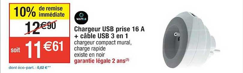Chargeur Usb Prise 16 A + Câble Usb 3 En 1