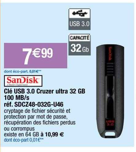 clé usb 3.0 cruzer ultra 32 gb 100 mb/s sandisk