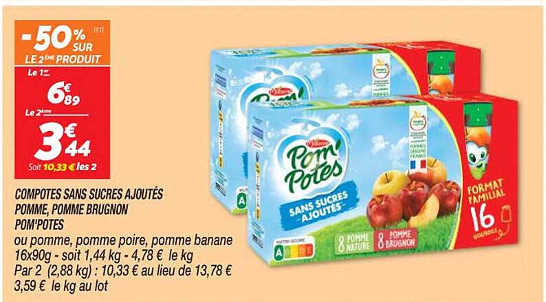 Compotes Sans Sucres Ajoutés Pomme, Pomme Brugnon Pom'potes