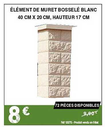 élément de muret bosselé blanc 40 cm x 20 cm, hauteur 17 cm