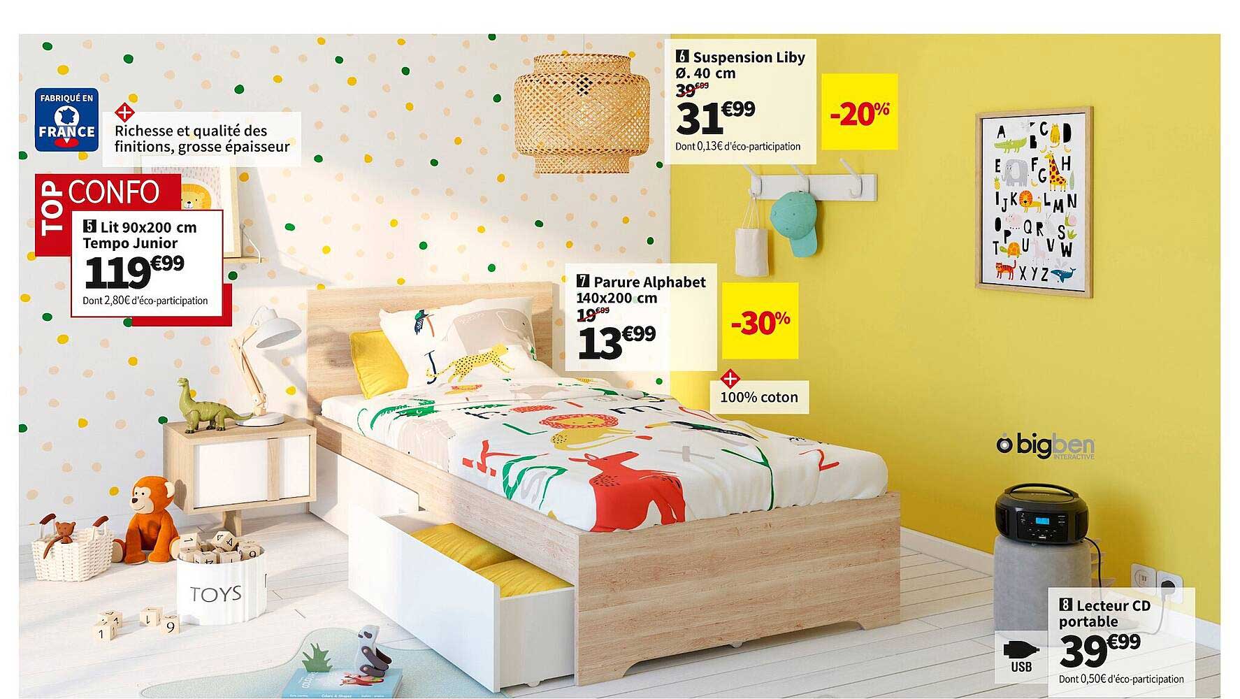 lit 90 x 200 cm tempo junior, parure alphabet 140 x 200 cm, suspension liby ø 40 cm, lecteur cd portable