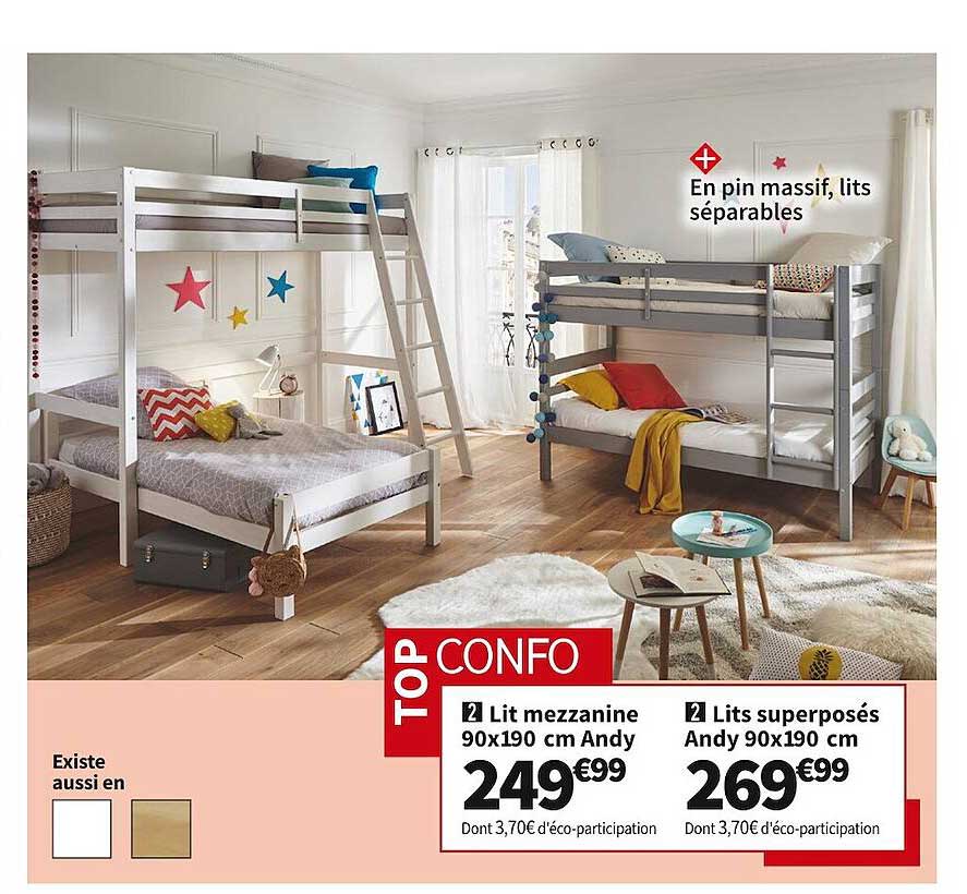 lit mezzanine 90 x 190 cm andy, lits superposés andy 90 x 190 cm