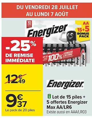 lot de 15 piles + 5 offertes energizer max aa/lr6