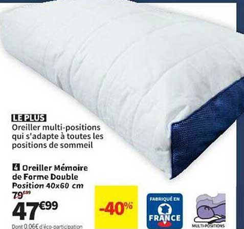 oreiller mémoire de forme double position 40 x 60 cm