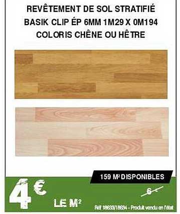 revêtement de sol stratifié basik clip ép 6mm  1m29 x 0m194 coloris chêne ou hêtre